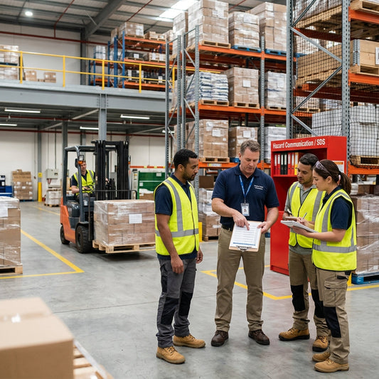 Group of four warehouse workers looking at paper on clipboard.