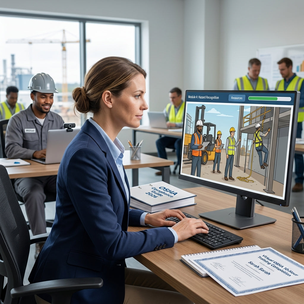 Employee at desk looking at safety training on computer screen with other workers at desks in the background.