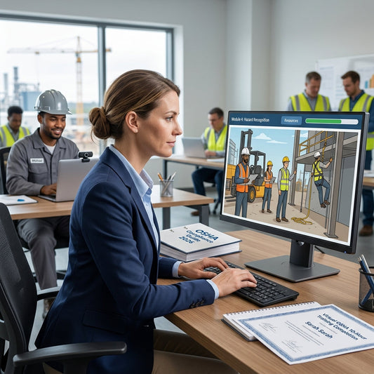 Employee at desk looking at safety training on computer screen with other workers at desks in the background.