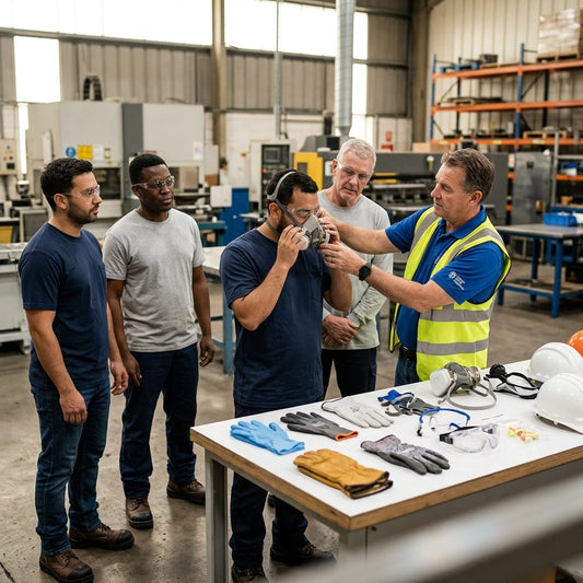 Group of employees trying on PPE.