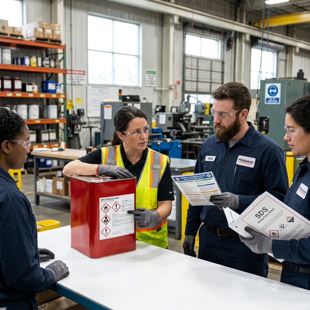 Group of employees looking at chemical safety data sheets.