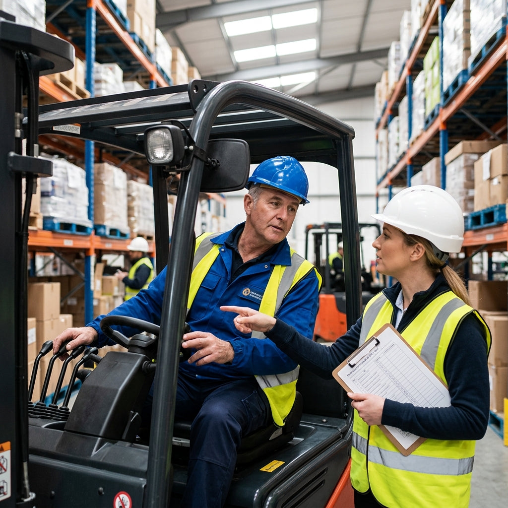 Man in hardhat and safety vest on a forklift in a warehouse talking to a lady also wearing hardhat and safety vest and holding clipboard.