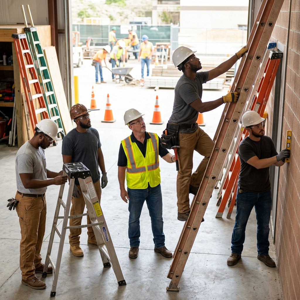 Group of employees in a warehouse with one on a ladder and several ladders around the room.