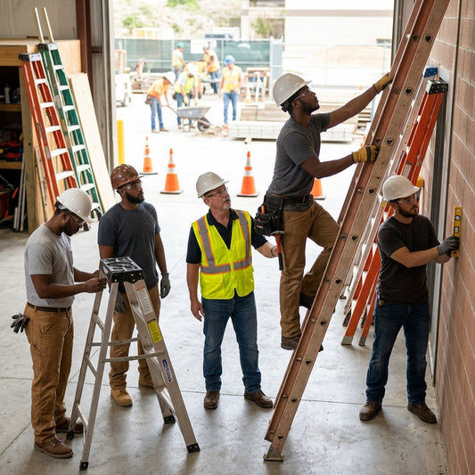 Group of employees in a warehouse with one on a ladder and several ladders around the room.