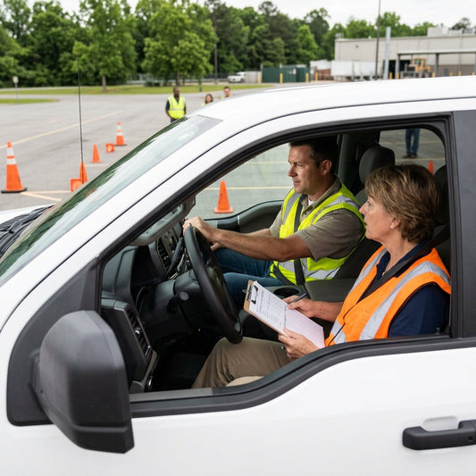 Two workers in safety vest in a vehicle the passenger holding a clipboard and the parking lot has cones.