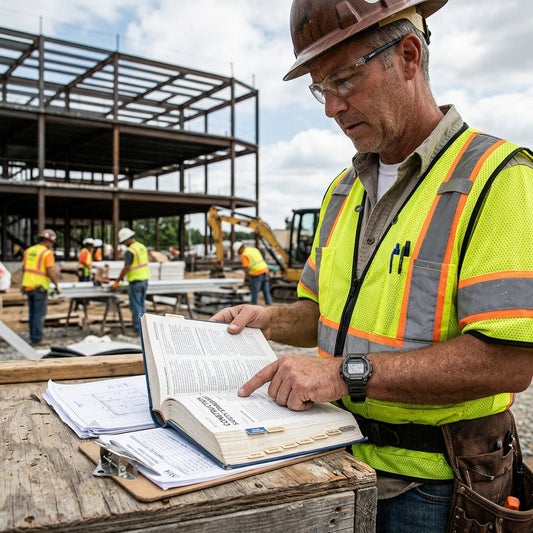 Site leader looking at a large book on construction site.
