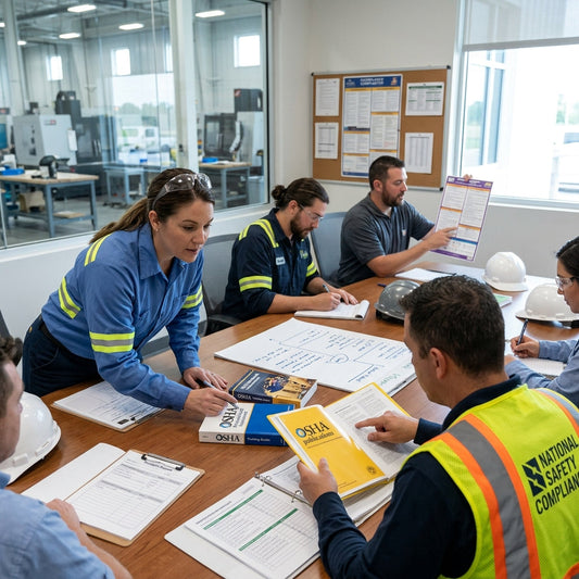 Group of employees at a large table with OSHA materials in front of them having a meeting.