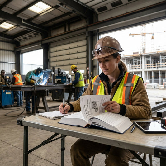 Worker wearing safety vest and hard hat sitting at a table looking a large book.