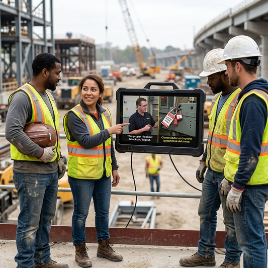 Group of construction workers watching an on-site training video. 