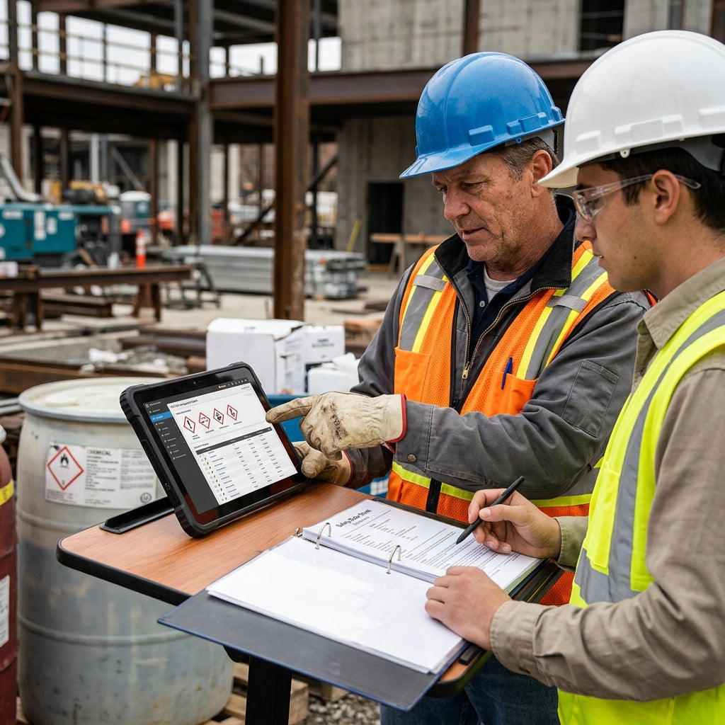 Two employees looking at a tablet and discussing GHS.