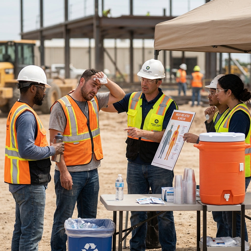 Construction workers discussing heat safety with water nearby.