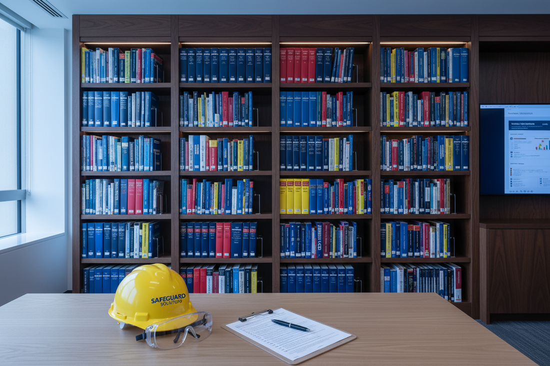 Wall of full bookcases with table in front of it that has a hardhat and safety goggles sitting next to a clipboard. 