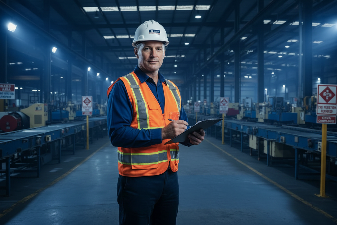 Warehouse worker standing in semi-dark room with clipboard in hand.