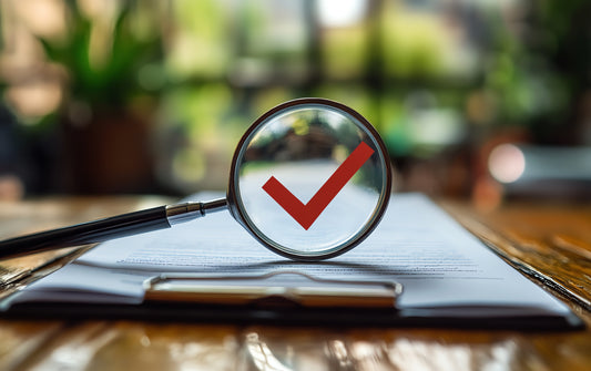clipboard with magnifying glass and checkmark