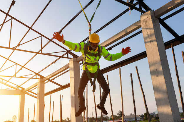 Construction worker wearing a safety harness