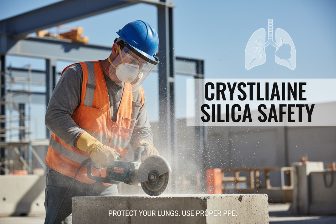 Worker grinding concrete wearing safety vest, gloves, hard hat and mask