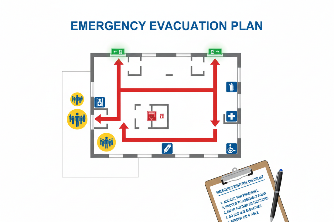 Emergency Evacuation Plan Drawing with Arrows and Clipboard with Pencil