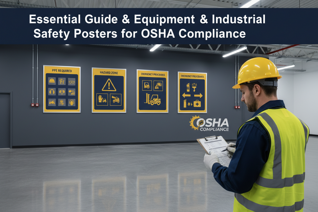Warehouse worker holding clipboard in front of wall with safety posters on it.