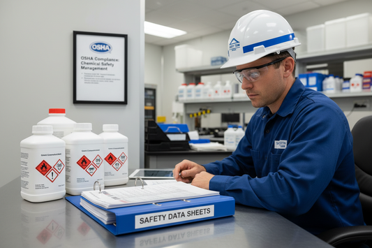Man wearing hard hat with chemical safety data sheet notebook on table in front of him. 