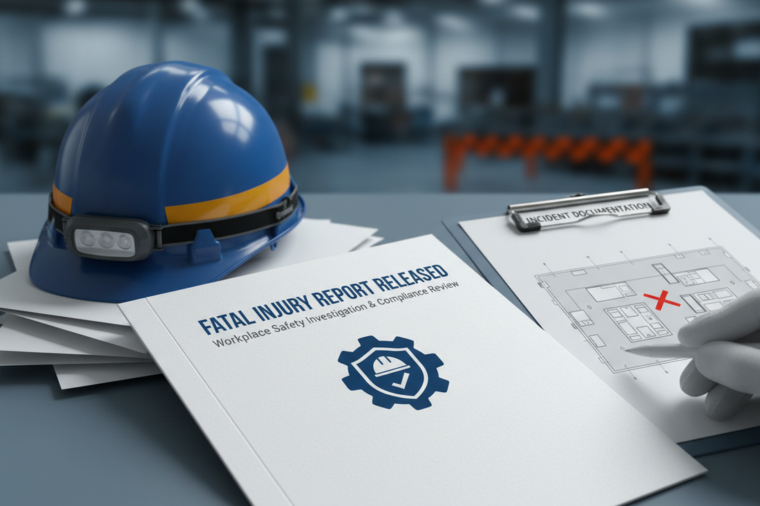Blue hardhat sitting on a desk with folder labeled Fatal Injury Report Released and clipboard sitting next to it with workplace in background
