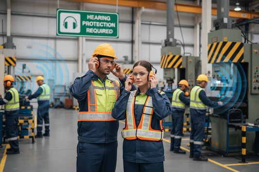 two workers standing in factory with hearing protection on and sign in background saying hearing protection required