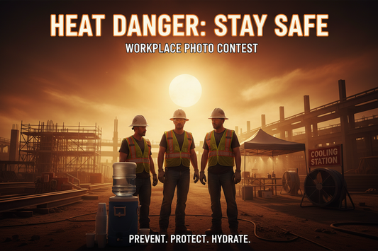 Example of Heat Awareness poster: Three workers standing together with sun beaming down and a water cooler nearby