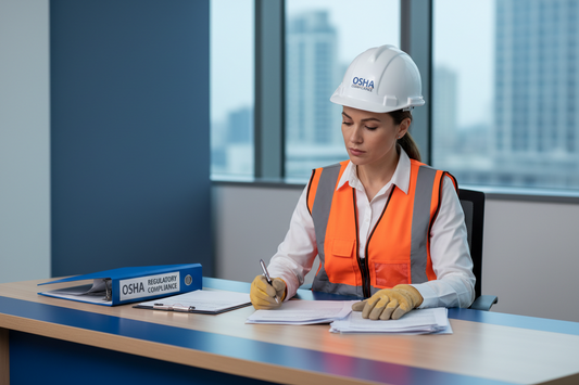 Female worker wearing hard hat and safety vest sitting at a desk with notebook on it.