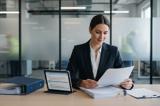 Professional sitting in office at desk looking over paperwork.