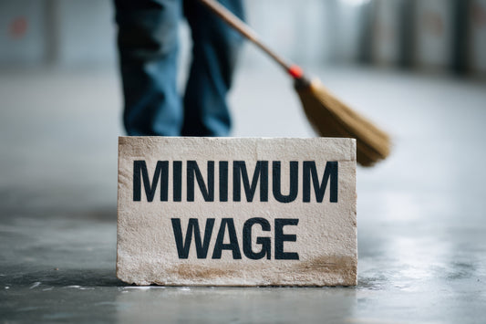 minimum wage sign with worker in background