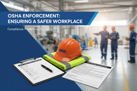 OSHA checklist with hardhat and safety vest in the fore ground and factory workers in the background