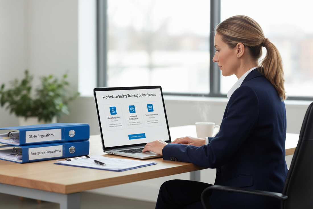 Woman sitting at desk with laptop opened in front of her.