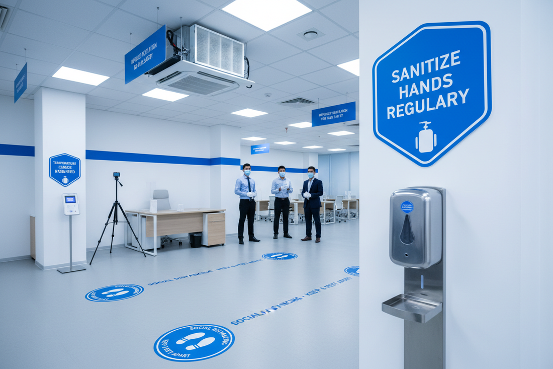 Hand sanitizing station and social distancing signs in workplace