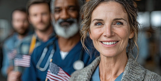 workers holding a flag