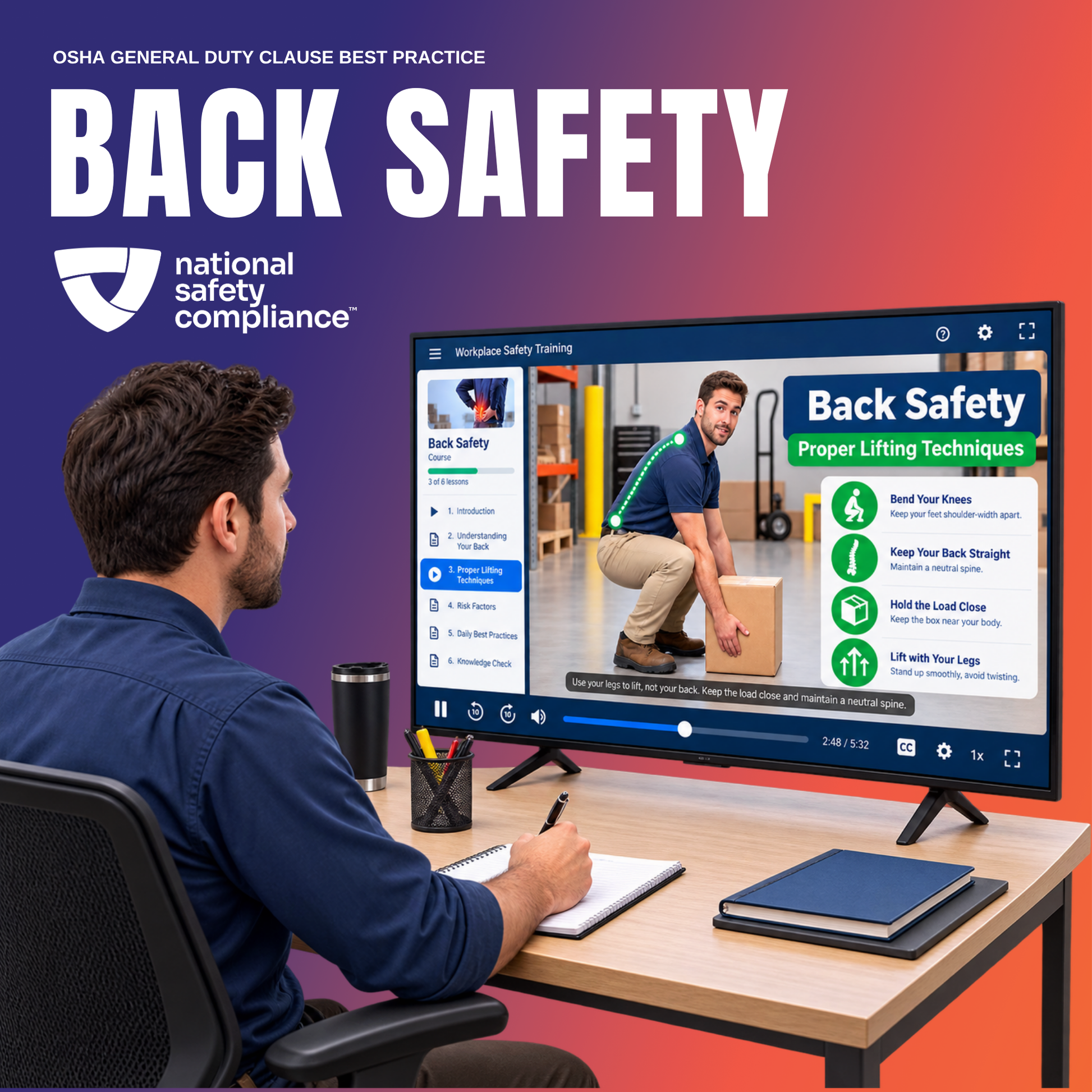Back Safety training video monitor mockup