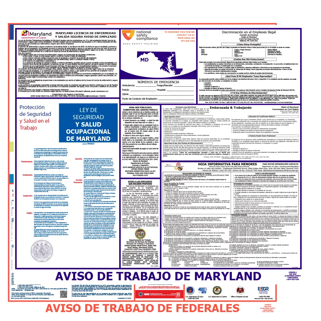 Maryland & Federal Labor Law Poster Spanish