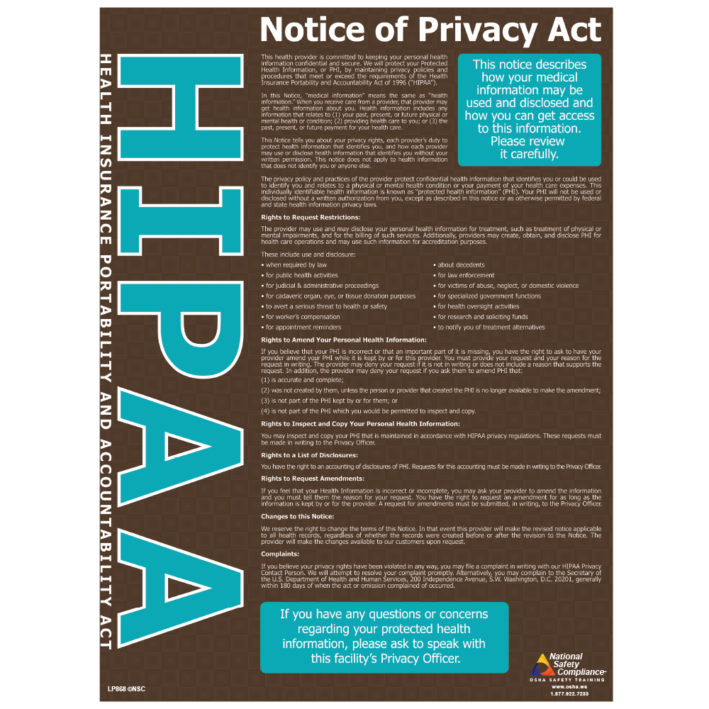 HIPAA Notice of Privacy Safety Poster